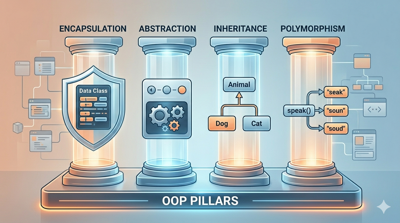 Conceptual illustration visualizing the Four Pillars of OOP in Java: Encapsulation, Abstraction, Inheritance, and Polymorphism as glowing architectural columns