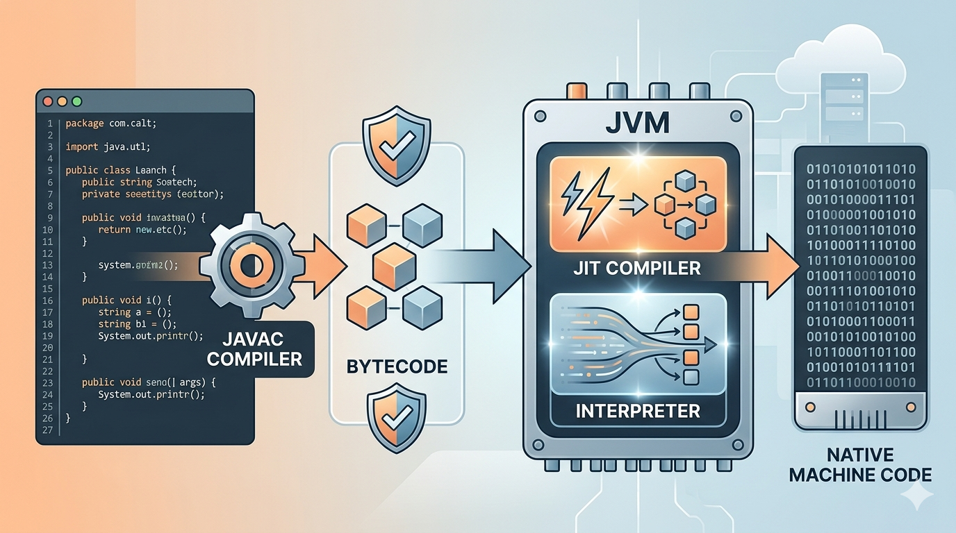 Technical diagram illustrating Java's Write Once Run Anywhere (WORA) architecture, showing Bytecode compilation, the JVM, JIT Compiler, and Interpreter flow