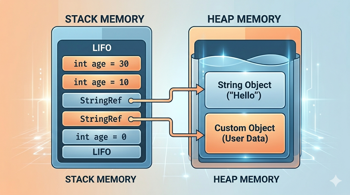 JVM Runtime Memory Diagram comparing Stack Memory allocation for primitives and references versus Heap Memory allocation for objects in Java