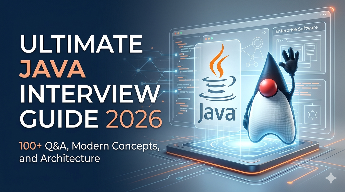 Ultimate Java Interview Guide 2026 at Interview Hub.IN: A sleek interface showing Duke the mascot, networked data, and dynamic 100+ Q&A typography for comprehensive Java career preparation.